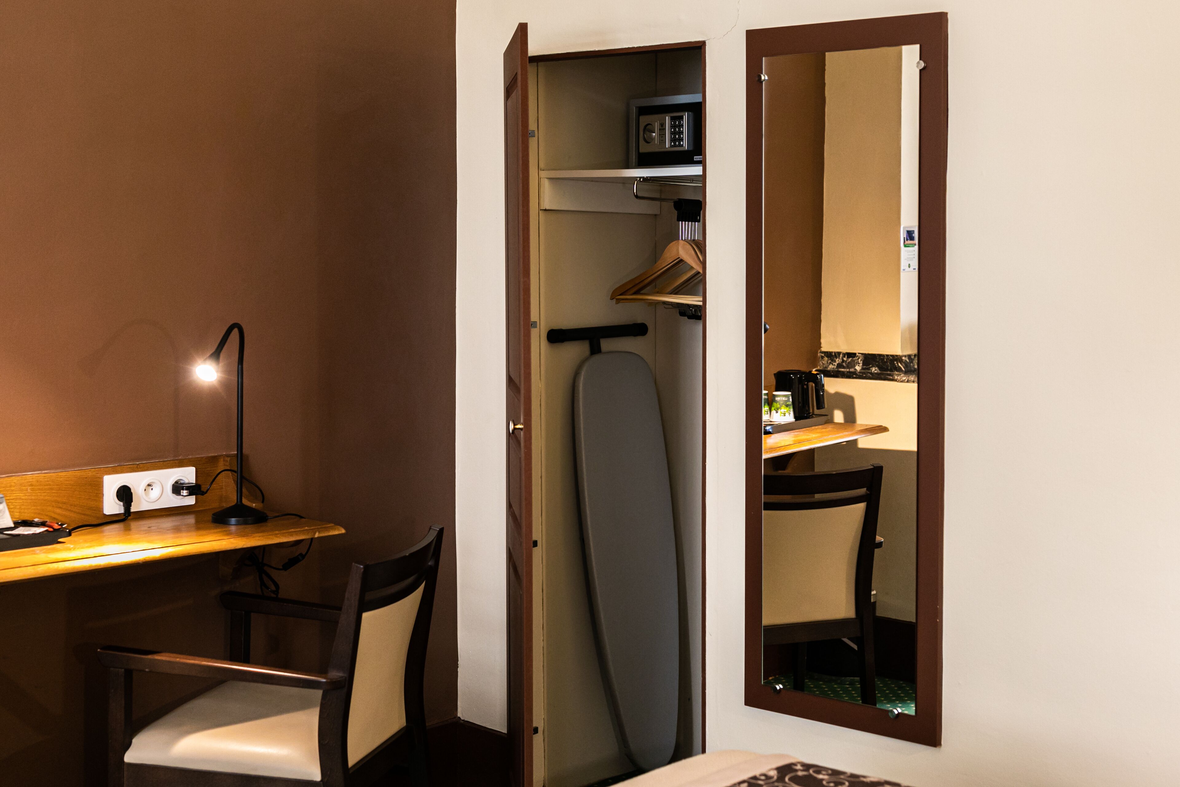 premium bedding, desk, laptop workspace, blackout curtains