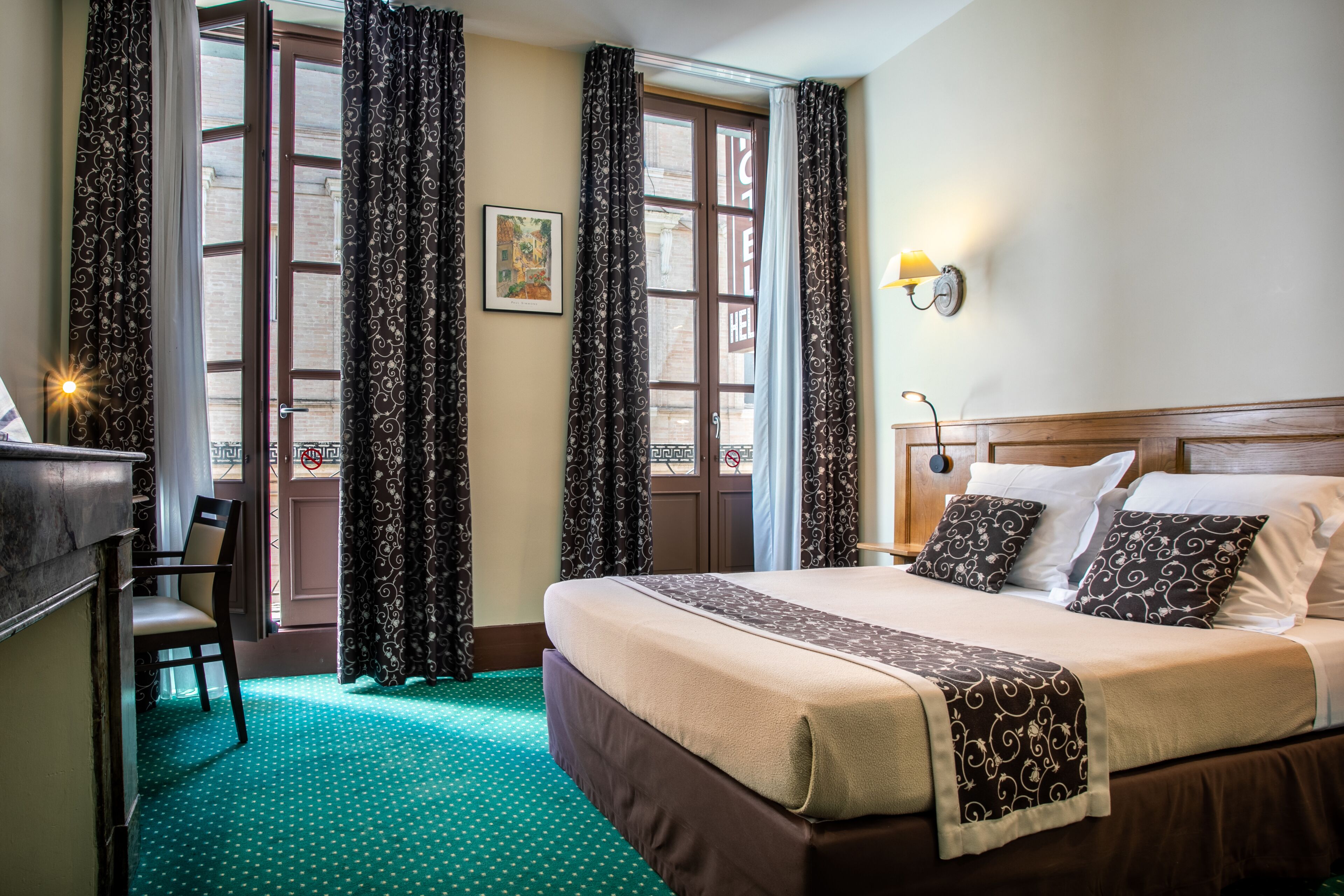 studio | premium bedding, desk, laptop workspace, blackout curtains