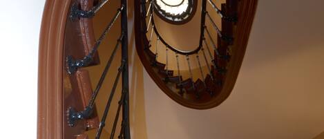 A wooden staircase with a curved handrail and a glass balustrade.