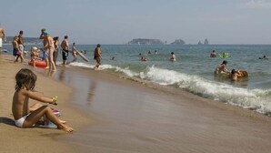 Une scène de plage où l’on voit des gens nager et jouer dans l’eau, et un enfant assis sur le sable.
