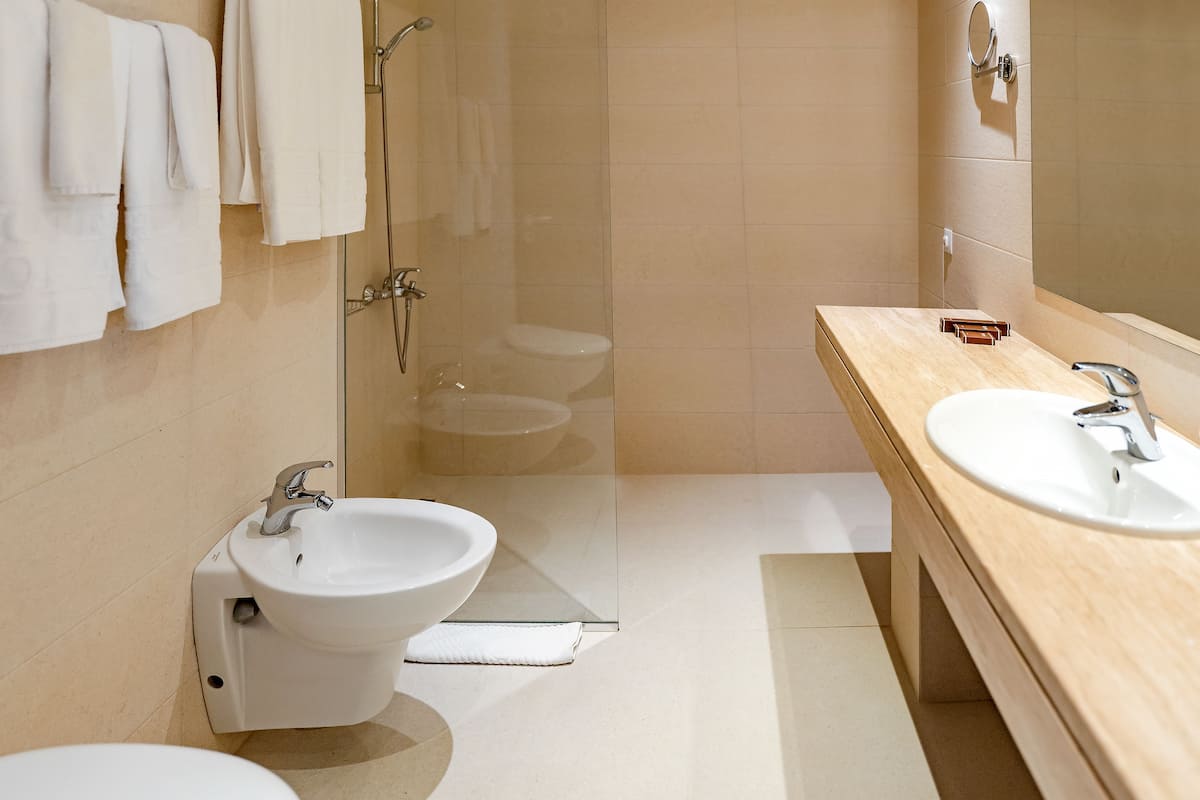 shower, rainfall showerhead, designer toiletries, hair dryer