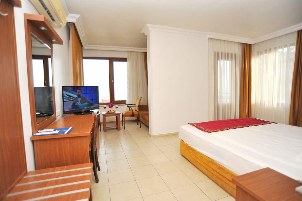 Habitación de hotel con cama, escritorio con televisor, una silla y una mesita con un florero.