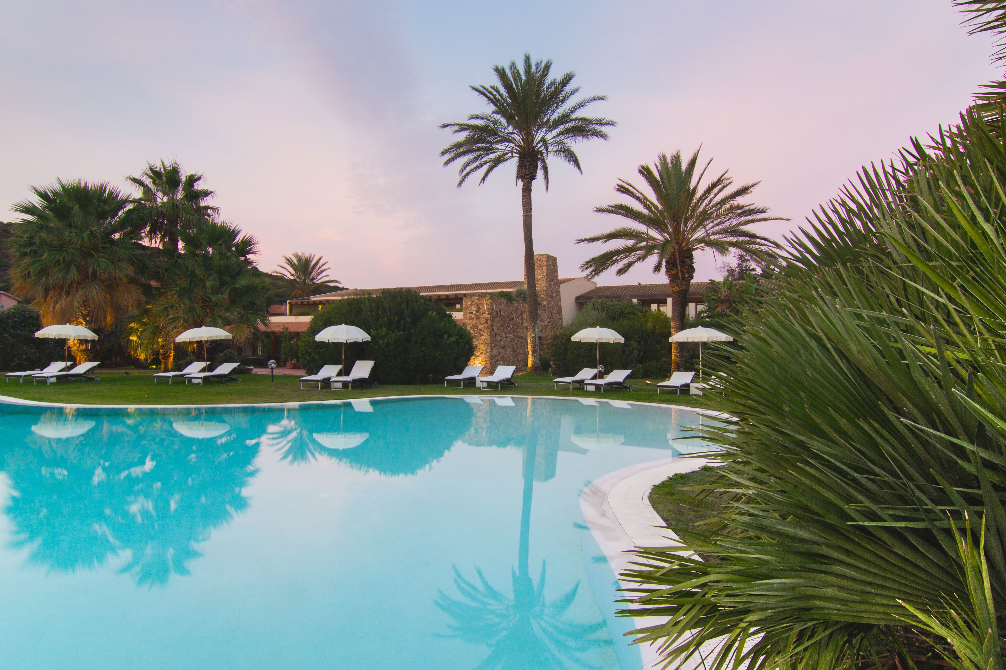 A pool with lounge chairs and palm trees.