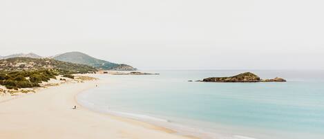 A beach with clear waters, a sandy shore, and a small island.