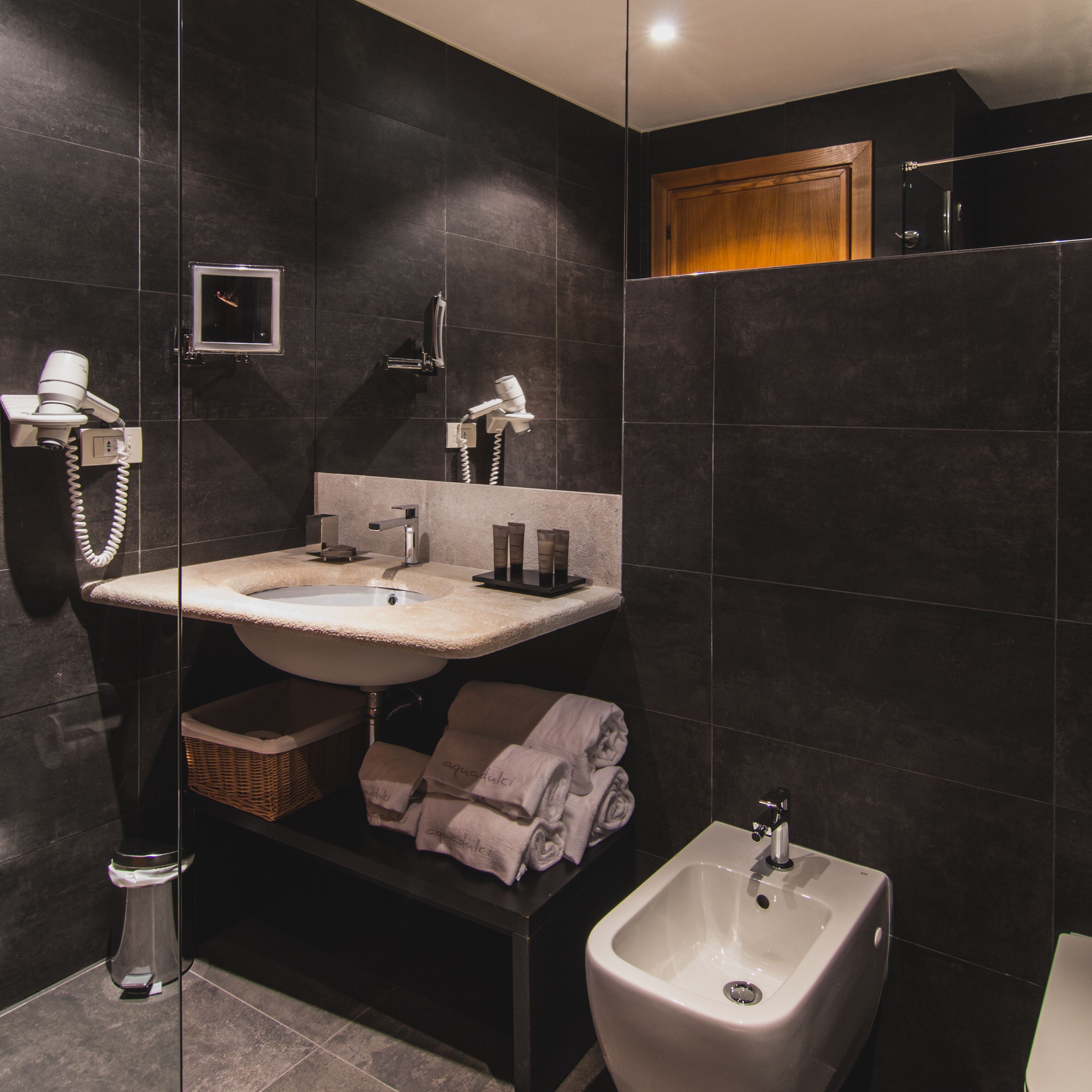 shower, free toiletries, hair dryer, towels