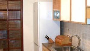 Una cocina compacta con refrigerador, estufa, lavamanos y gabinetes de madera.