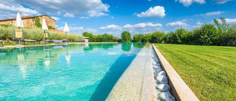 Seasonal outdoor pool, pool umbrellas, sun loungers