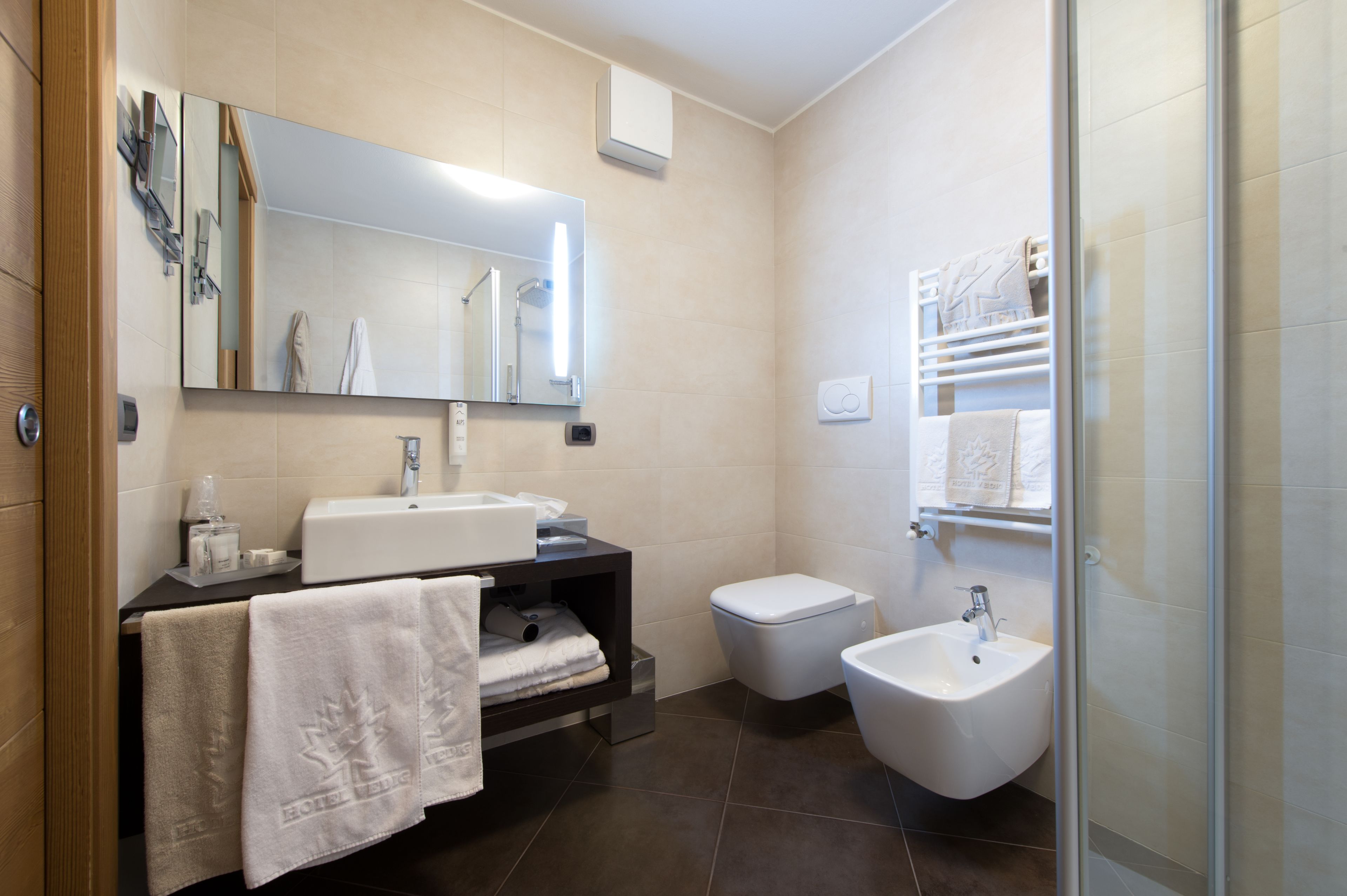 hair dryer, bidet, towels