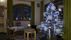 A cozy living room with a decorated Christmas tree, a fireplace, and a view of the outdoors through a window. - Vedig (Valfurva)