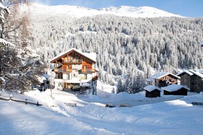 A multi-story wooden lodge with balconies, surrounded by snow-covered trees and mountains.