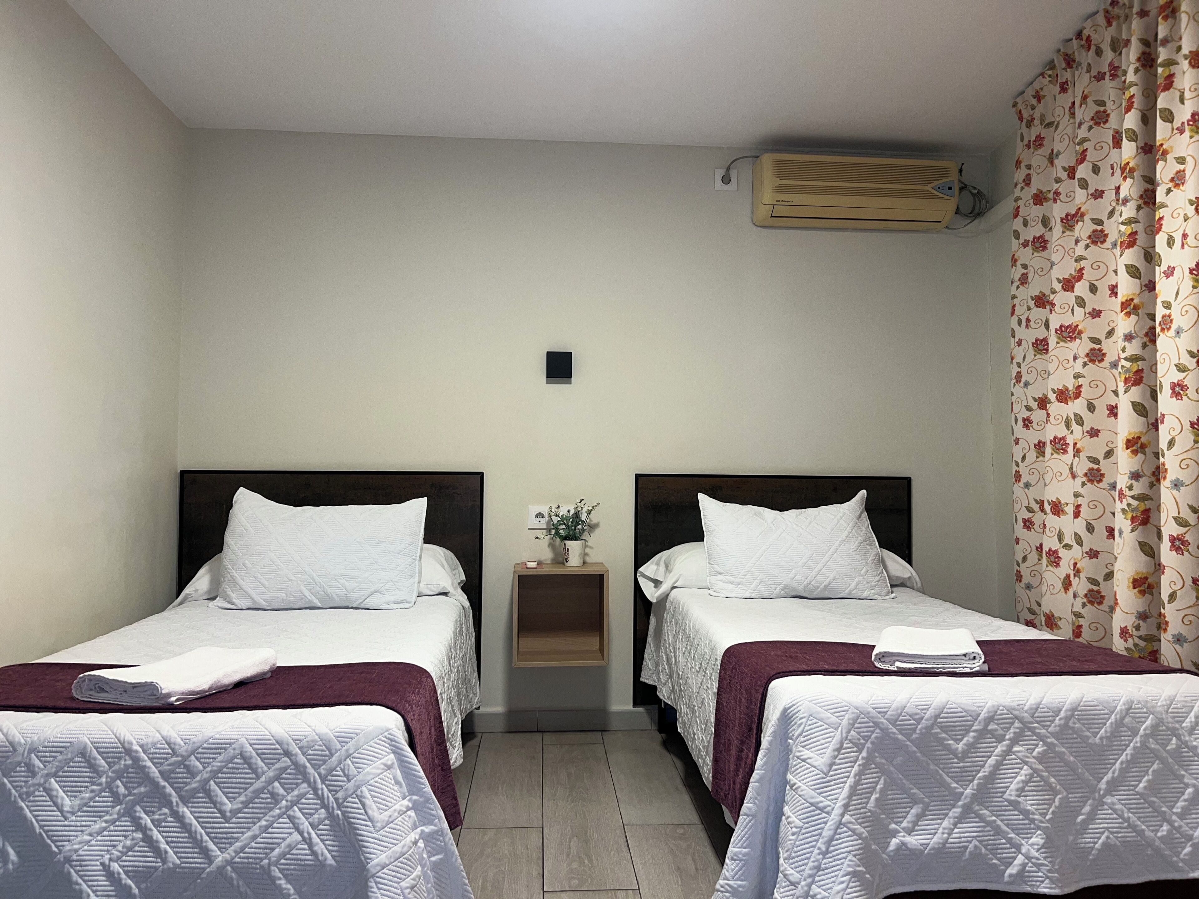 Habitación de hotel con dos camas, una mesita de noche con una planta, un aire acondicionado de pared y una cortina con motivos florales.
