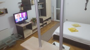 Een moderne slaapkamer met een bed, een televisie, een bureau en een kledingkast.