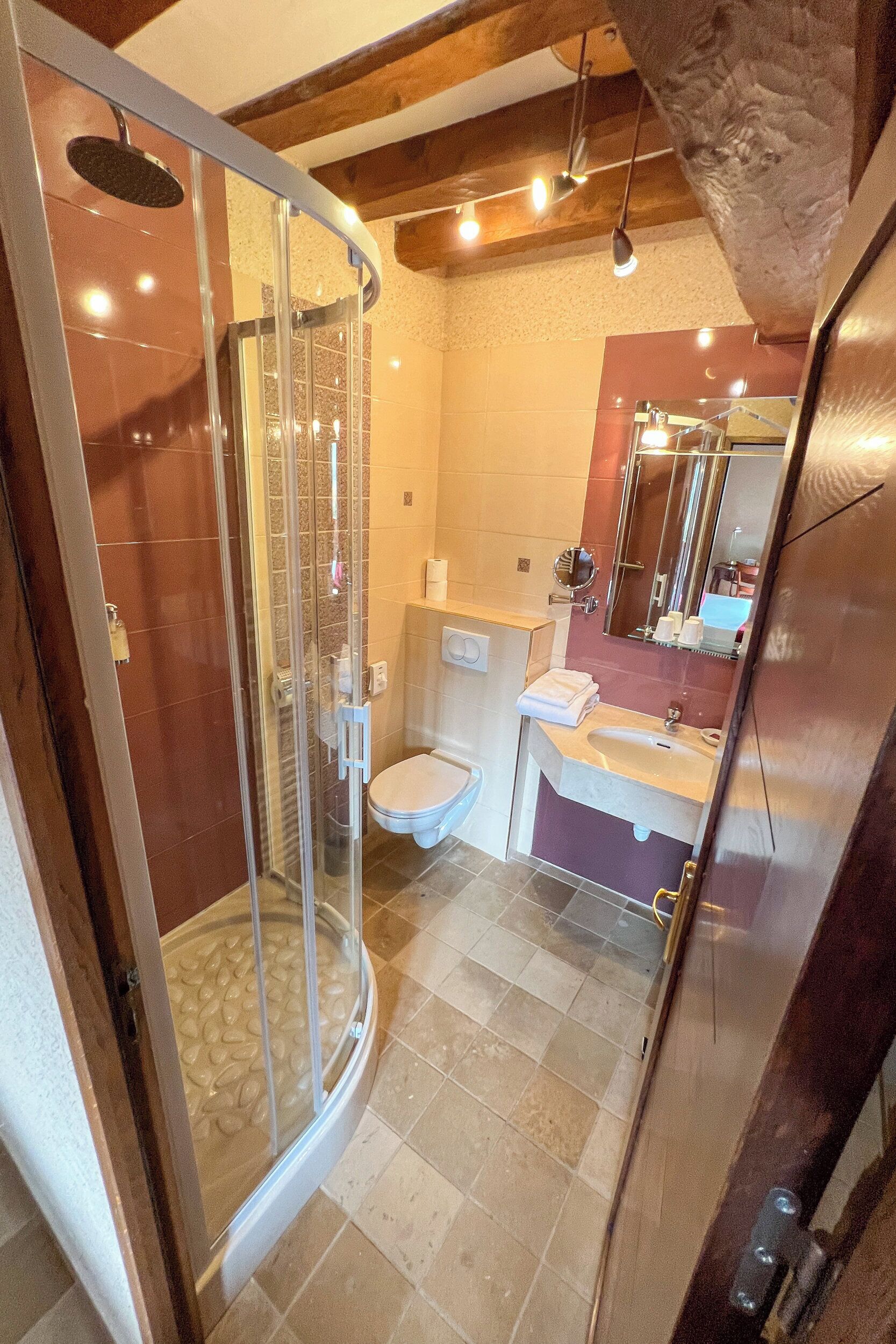Une salle de bain avec une douche à parois de verre, des toilettes et un lavabo avec un miroir au-dessus.
