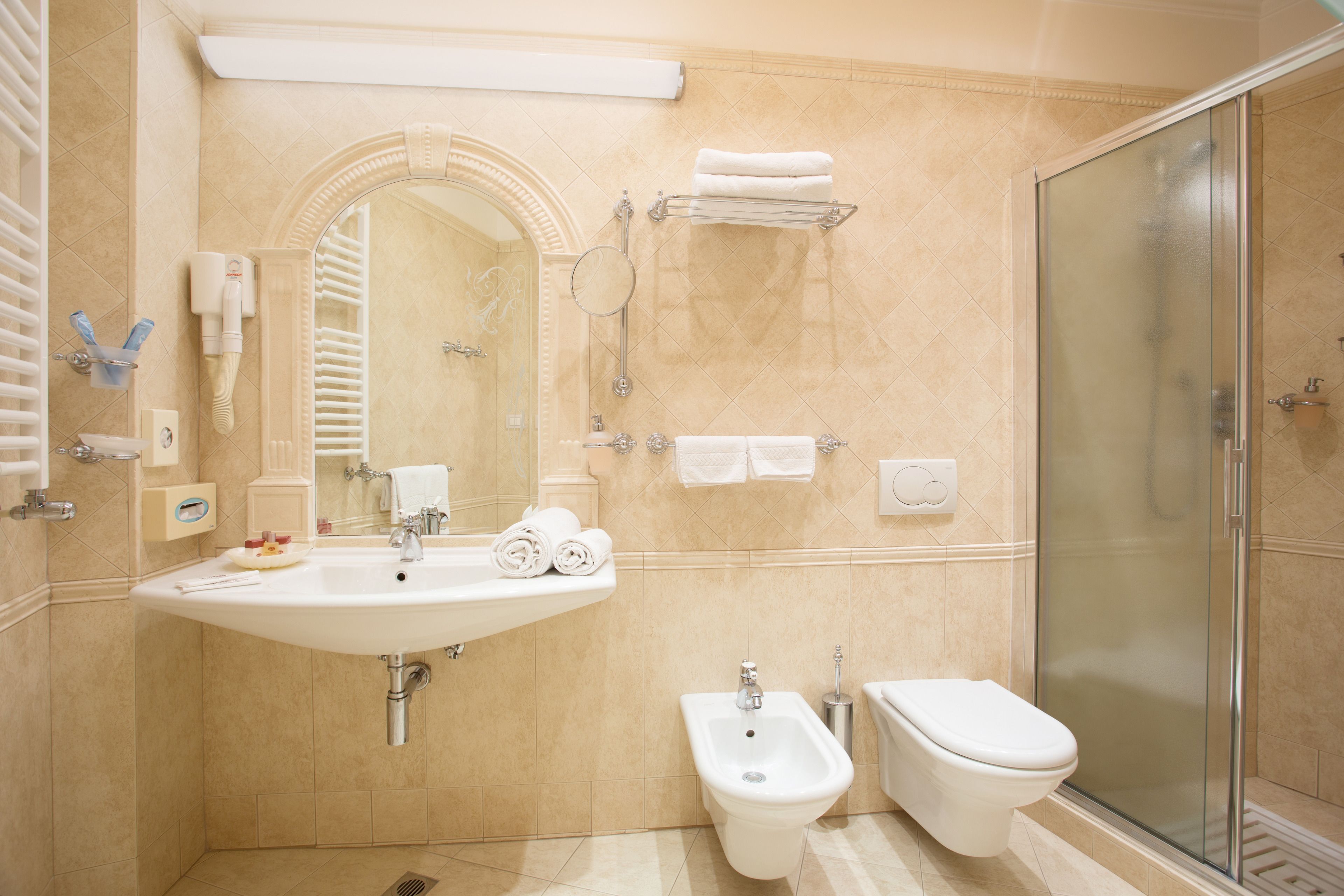 hair dryer, bidet, towels