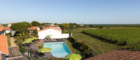 A rooftop pool area with a clear view of the surrounding landscape, including a vineyard.