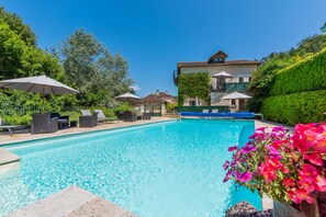 Outdoor pool, pool umbrellas, pool loungers