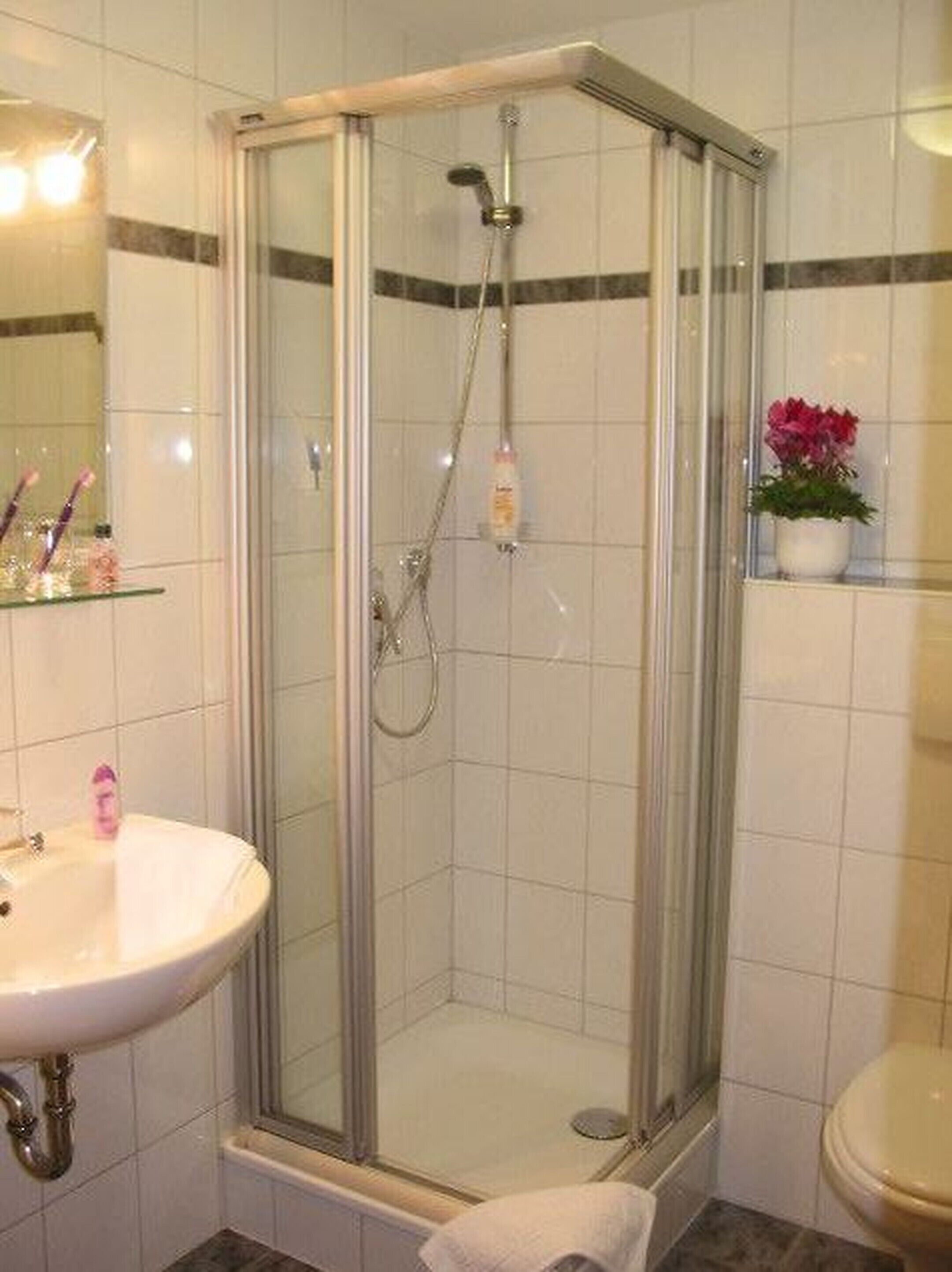 Un baño con ducha envuelta en vidrio, lavamanos e inodoro.