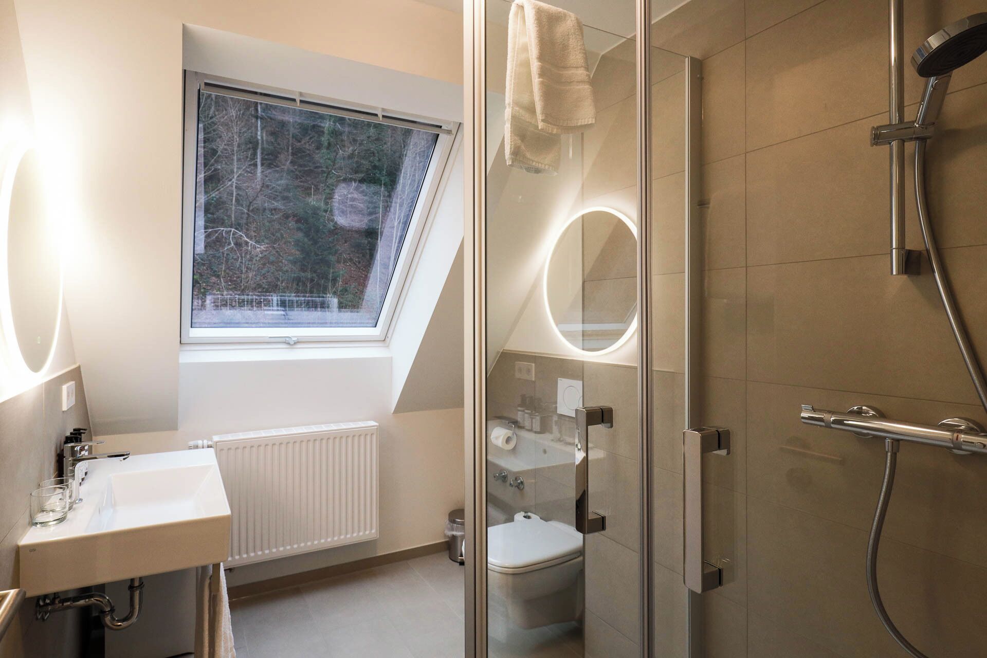 A modern bathroom with a skylight, a glass-enclosed shower, and a visible toilet.