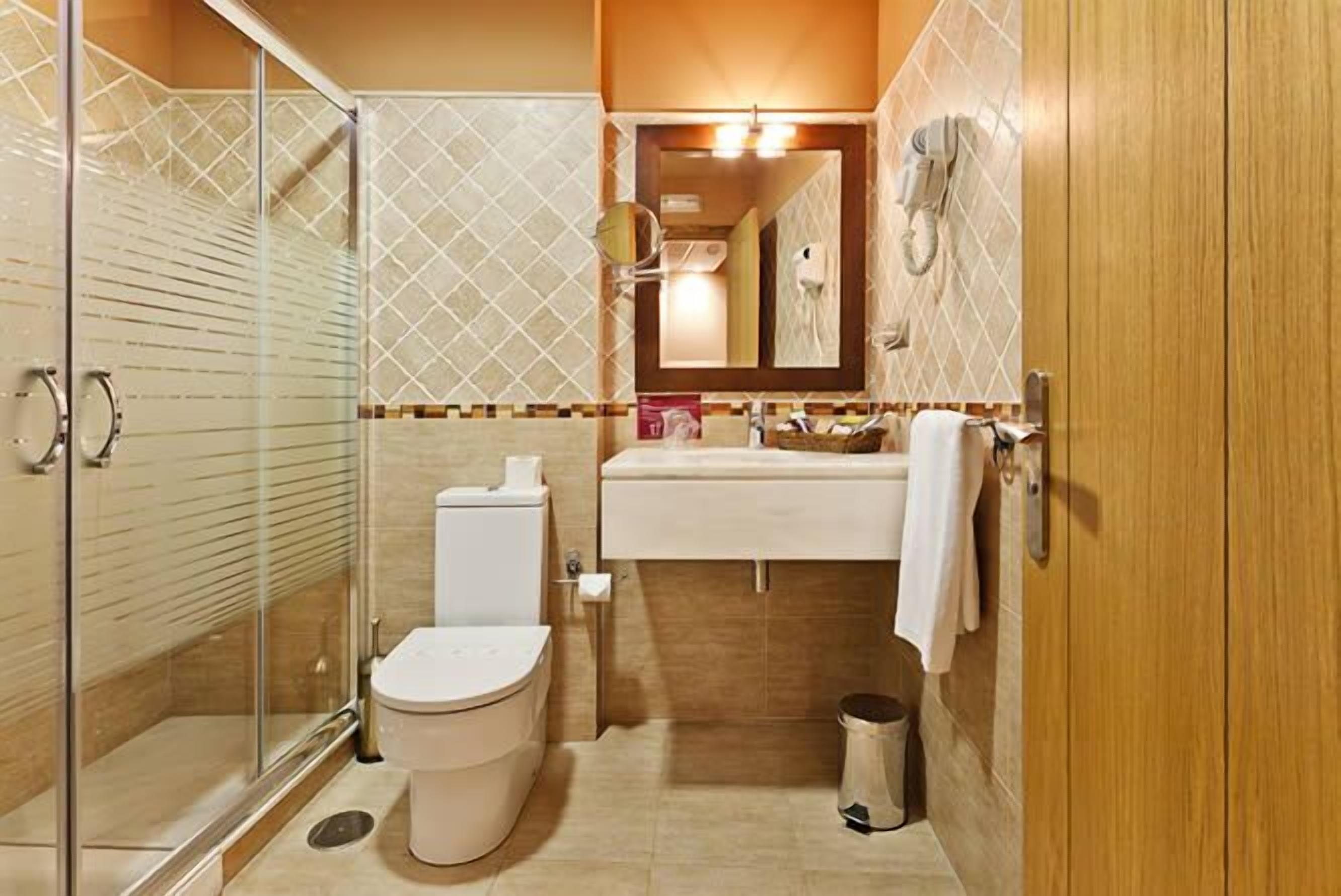 hydromassage showerhead, hair dryer, towels