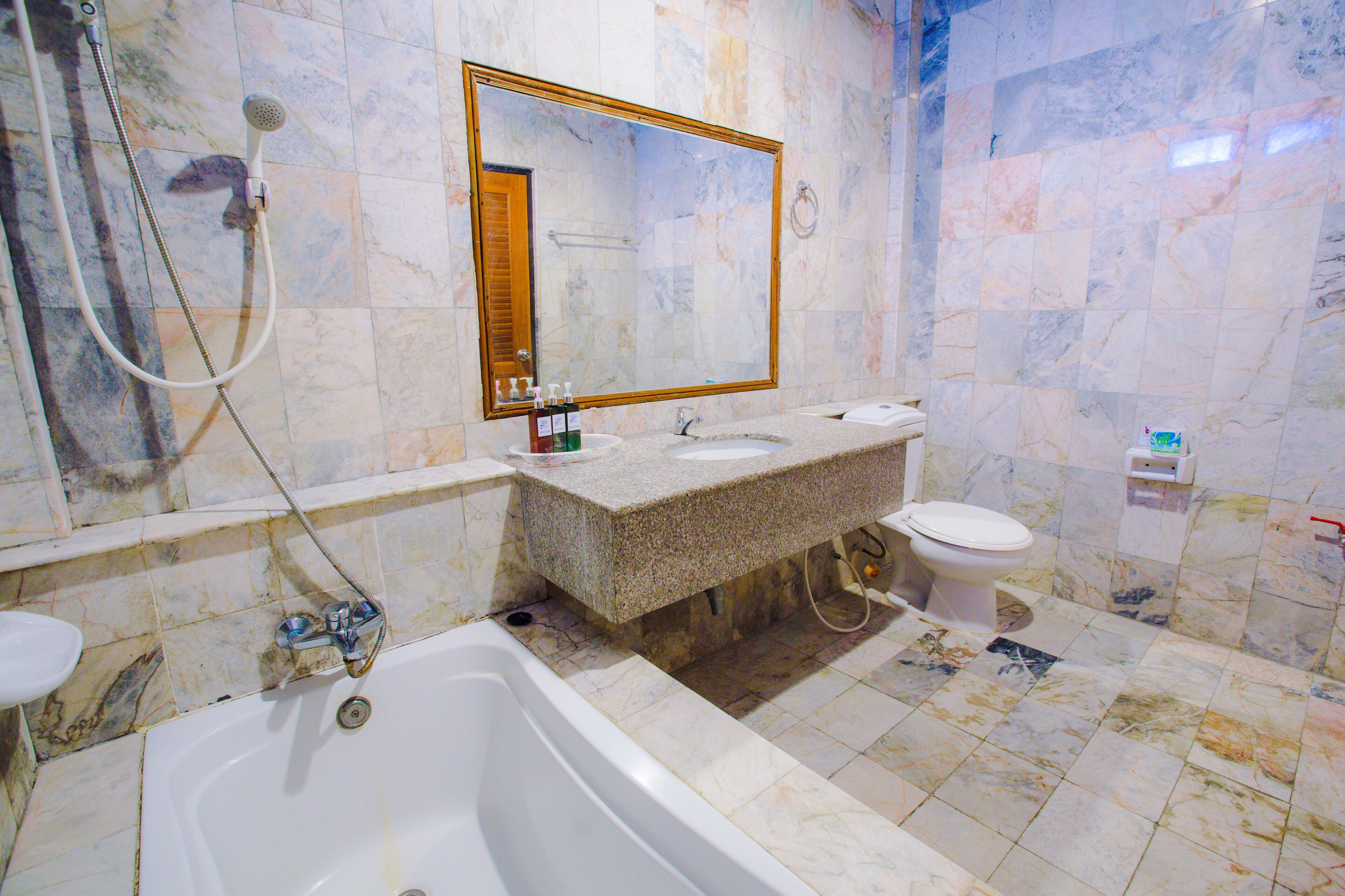 Een badkamer met een bad, twee wasbakken, een toilet en een grote spiegel.