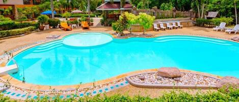 Outdoor pool, open 9:00 AM to 8:00 PM, sun loungers