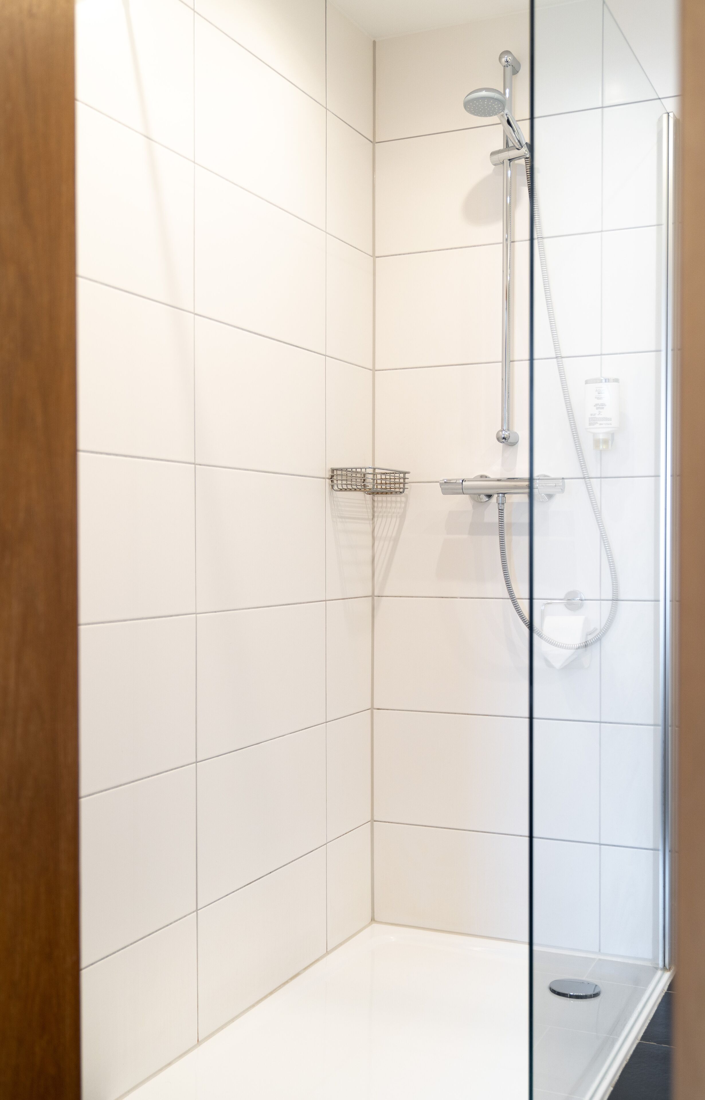 shower, rainfall showerhead, hair dryer, towels