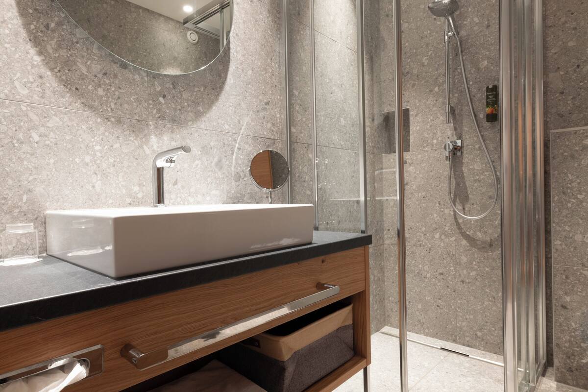 exclusive double room, balcony | bathroom | hair dryer, soap, shampoo, toilet paper