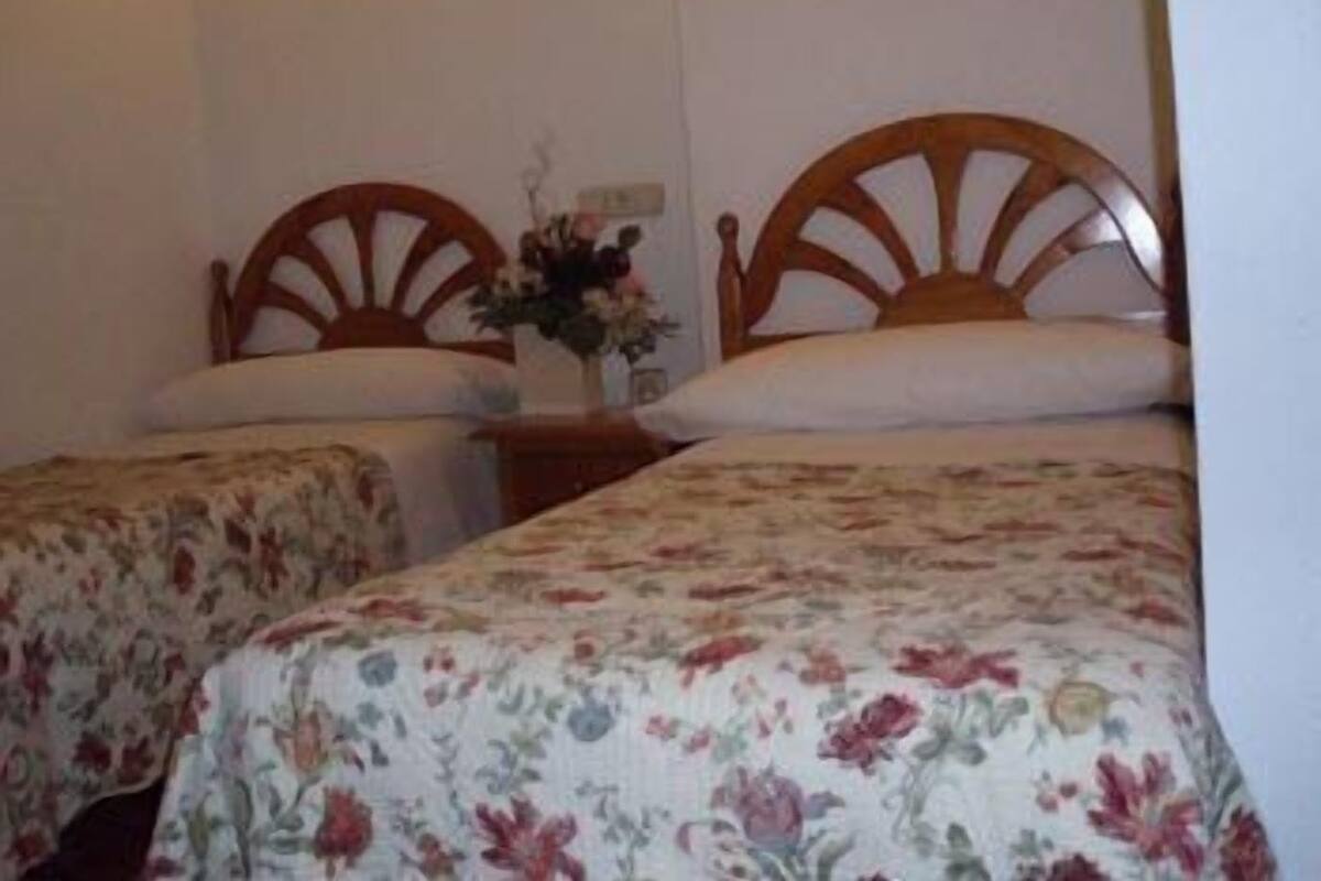 Ein Zimmer mit zwei hölzernen Betten, Blumenbettwäsche, einem Nachttisch mit Blumenvase und einer Wandleuchte.