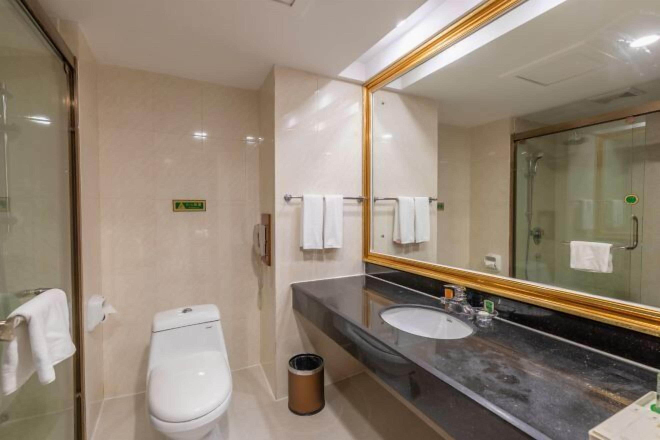 A modern bathroom with a glass shower enclosure, a white toilet, a black sink vanity, and a large mirror with a gold frame.