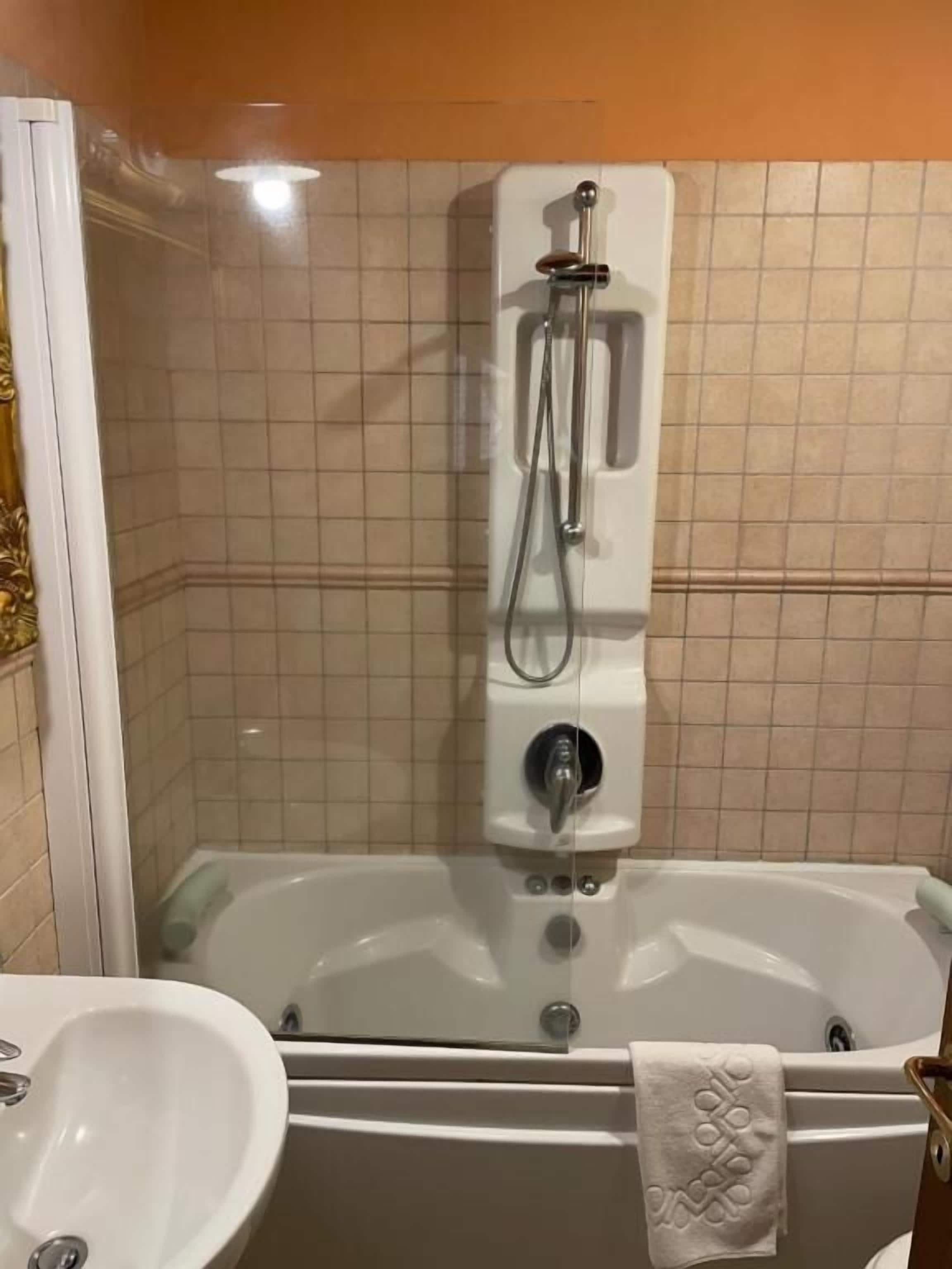 Een badkamer met een bad, een douche en een wastafel.