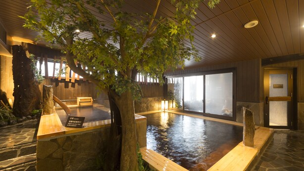 A hot spring area with a wooden bench, a stone wall, and a tree. - Dormy Inn Toyama Natural Hot Spring (Toyama)
