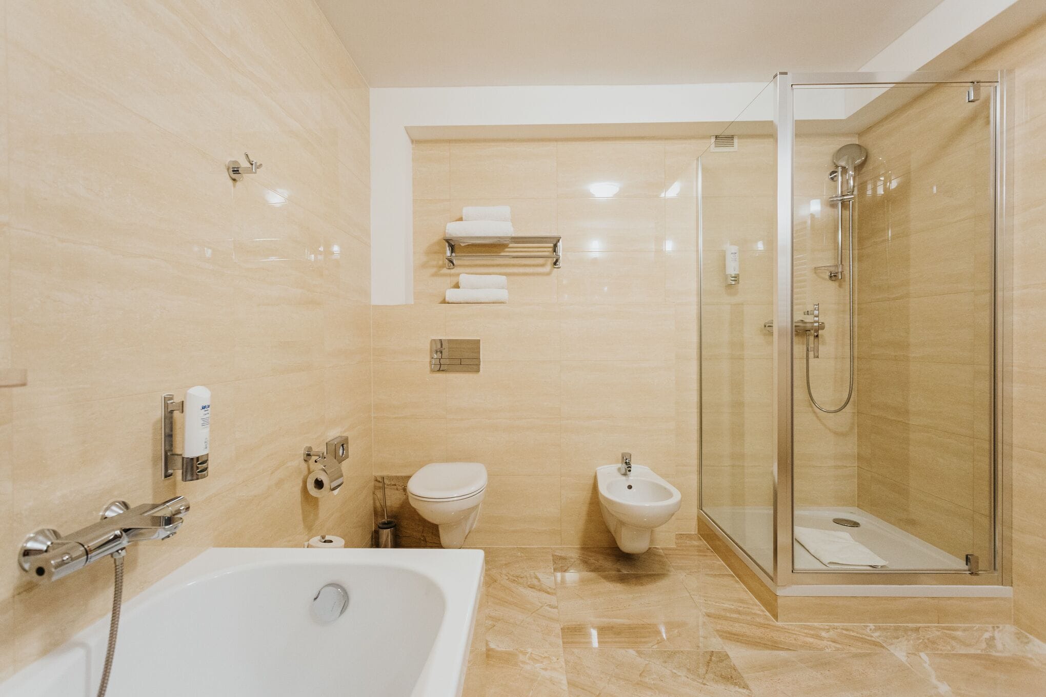 free toiletries, hair dryer, towels