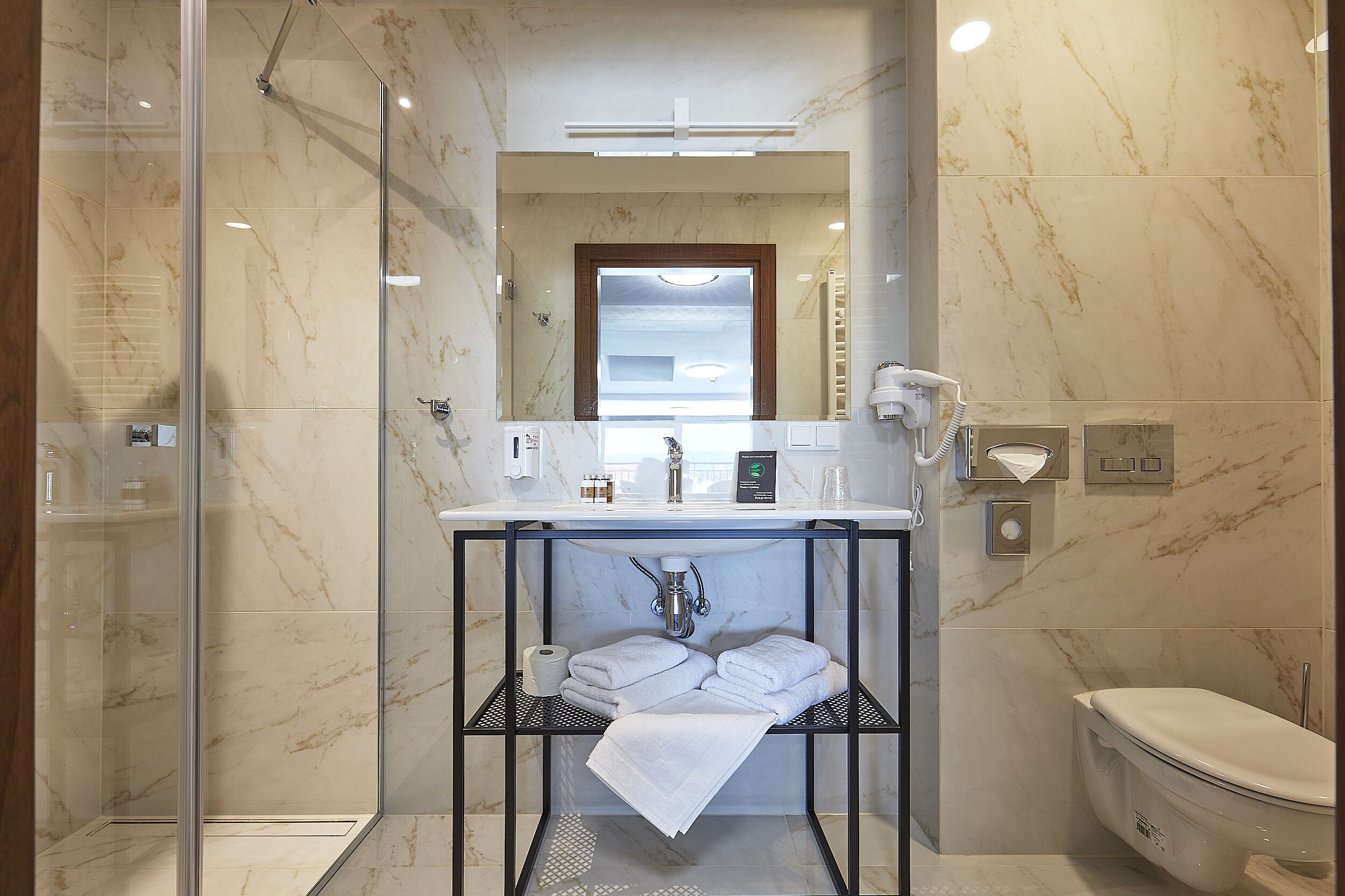 free toiletries, hair dryer, towels