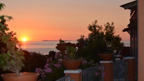 Une vue sur le coucher de soleil depuis un balcon agrémenté de plantes en pot et d’une balustrade.