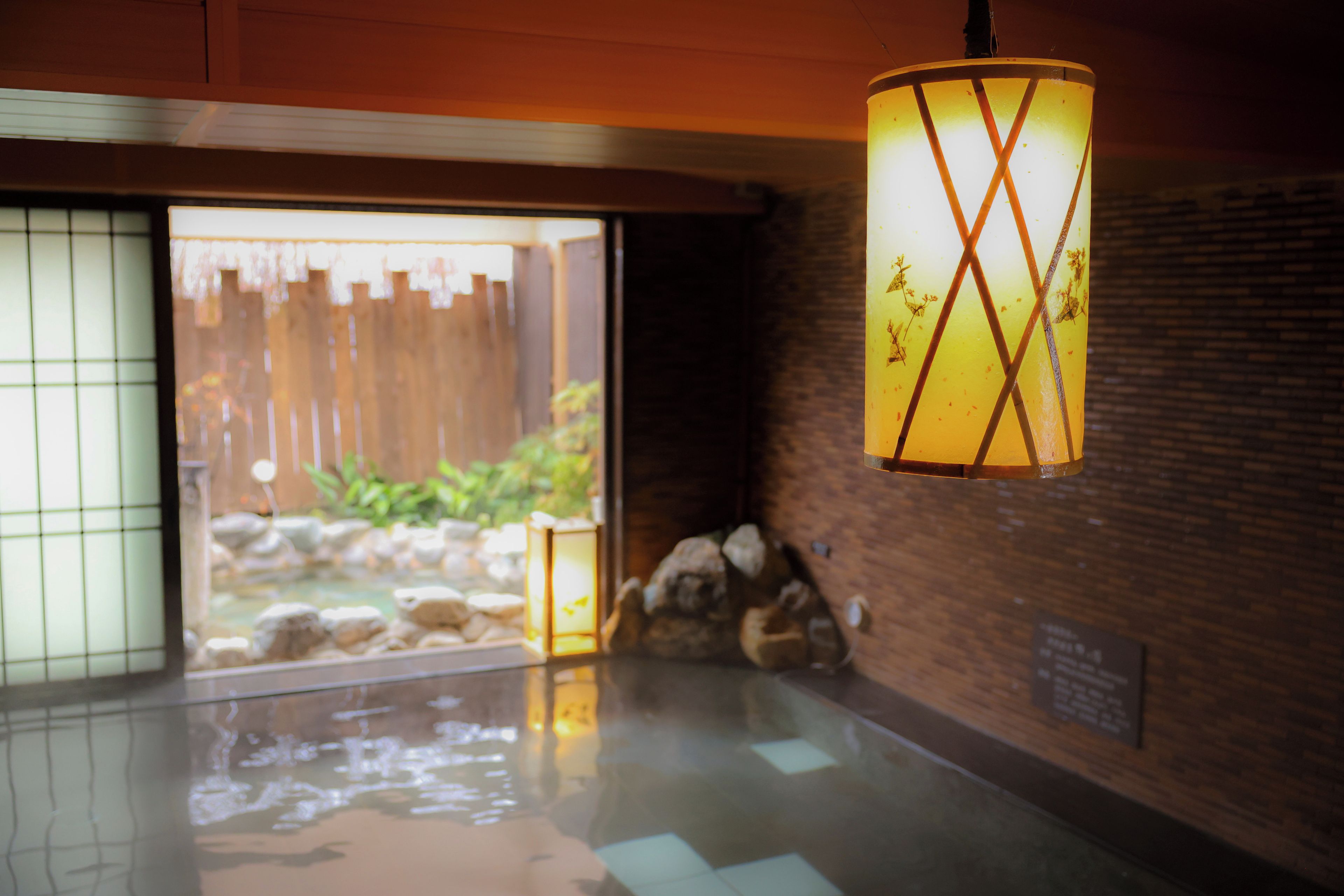 A traditional Japanese room with a tatami mat floor, a wooden door leading outside, and a hanging lantern.