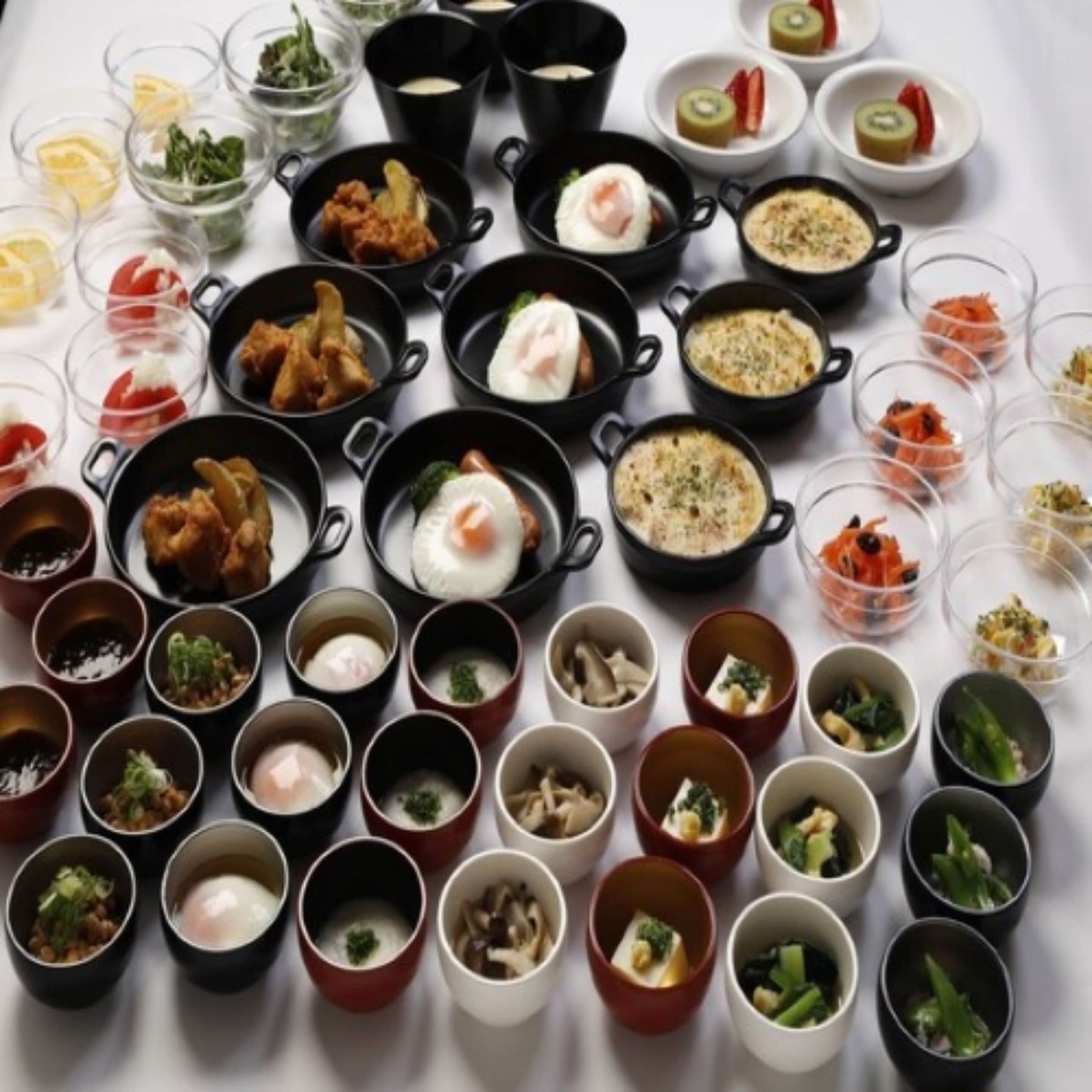Une variété de plats disposés sur une table, notamment des bols et de petits récipients contenant différents aliments.