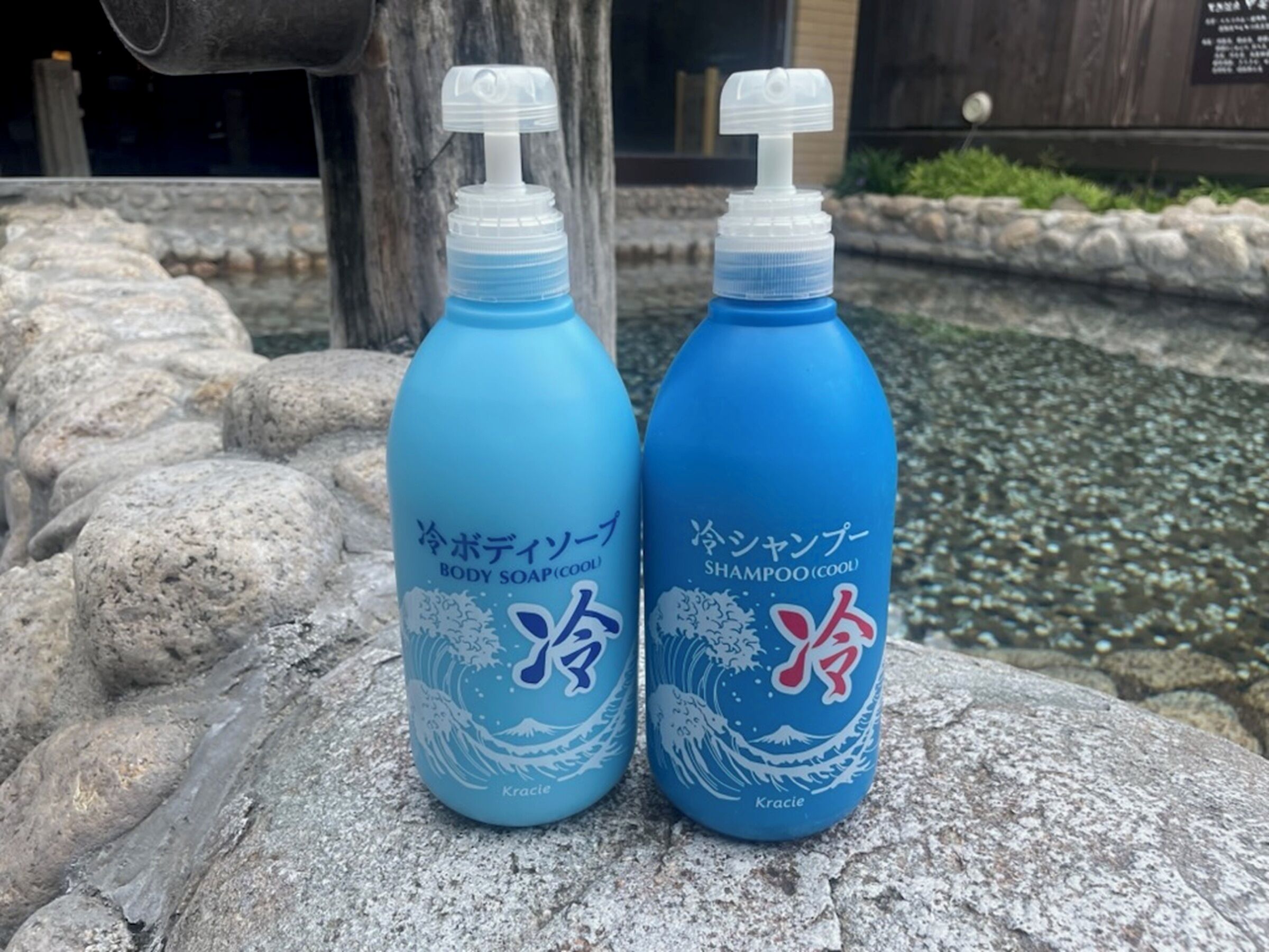 Two bottles of body soap and shampoo with Japanese text, placed on a stone surface near a pond.