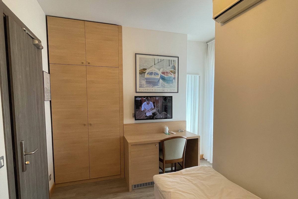 A hotel room with a bed, a desk with a chair, a television, a wardrobe, and a ceiling light.