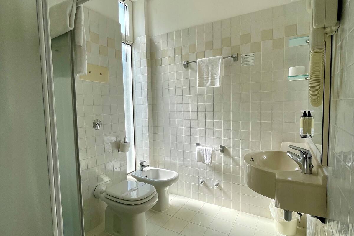 single room | bathroom | shower, hair dryer, slippers, bidet