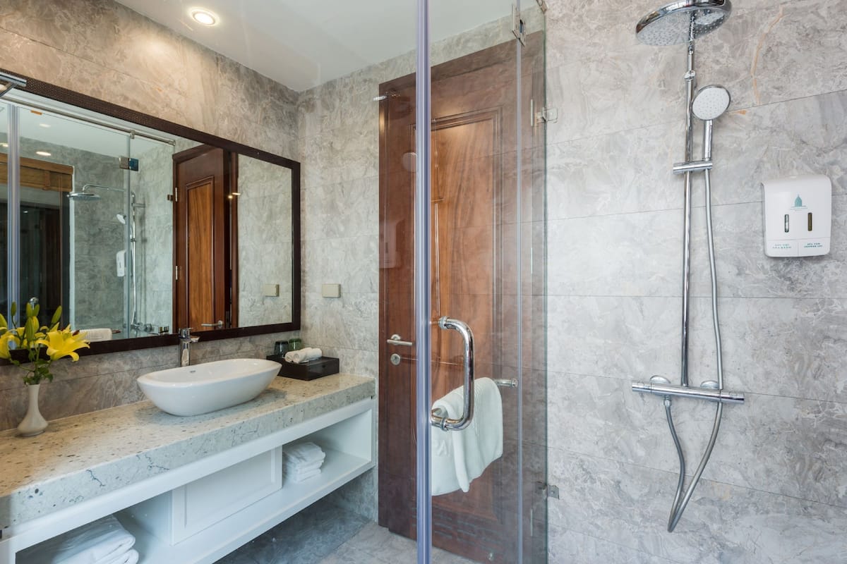 Shower, rainfall showerhead, hair dryer, bathrobes