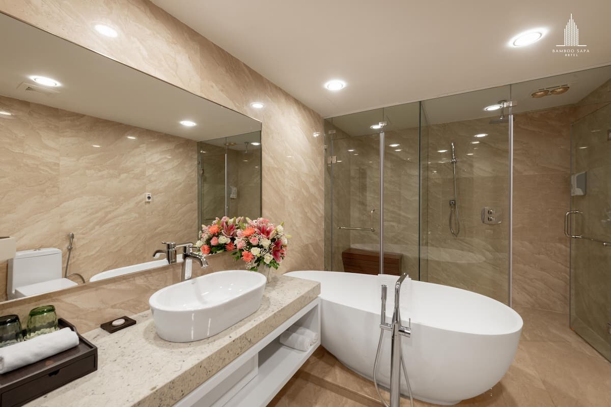Shower, rainfall showerhead, hair dryer, bathrobes