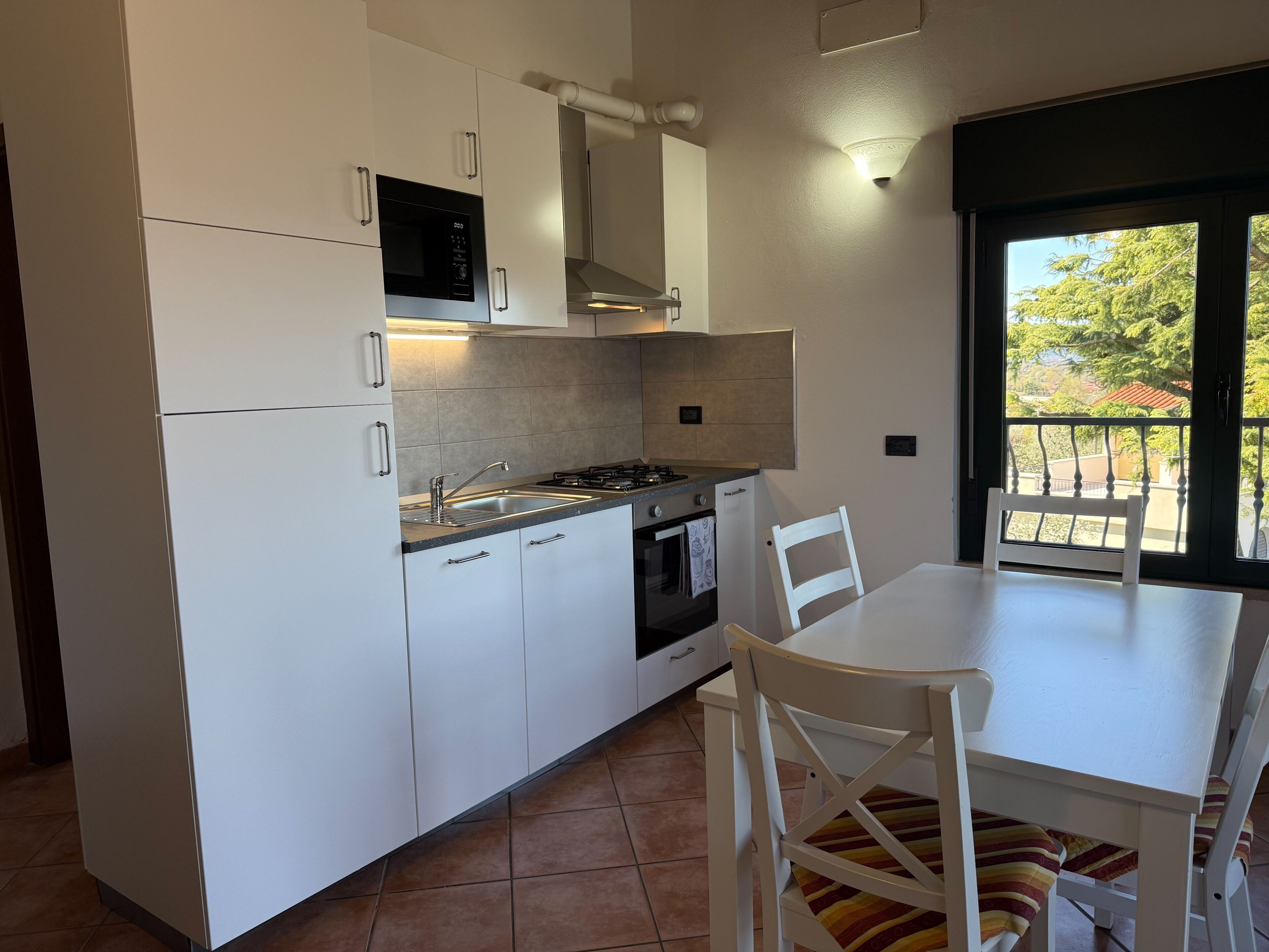 A modern kitchen with white cabinetry, a built-in microwave, and a gas stove.