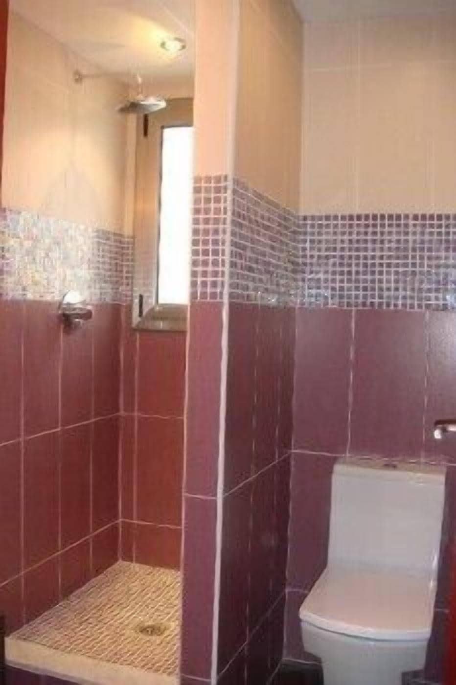 A bathroom with a shower area and a toilet.