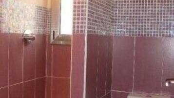 A bathroom with a shower area and a toilet.