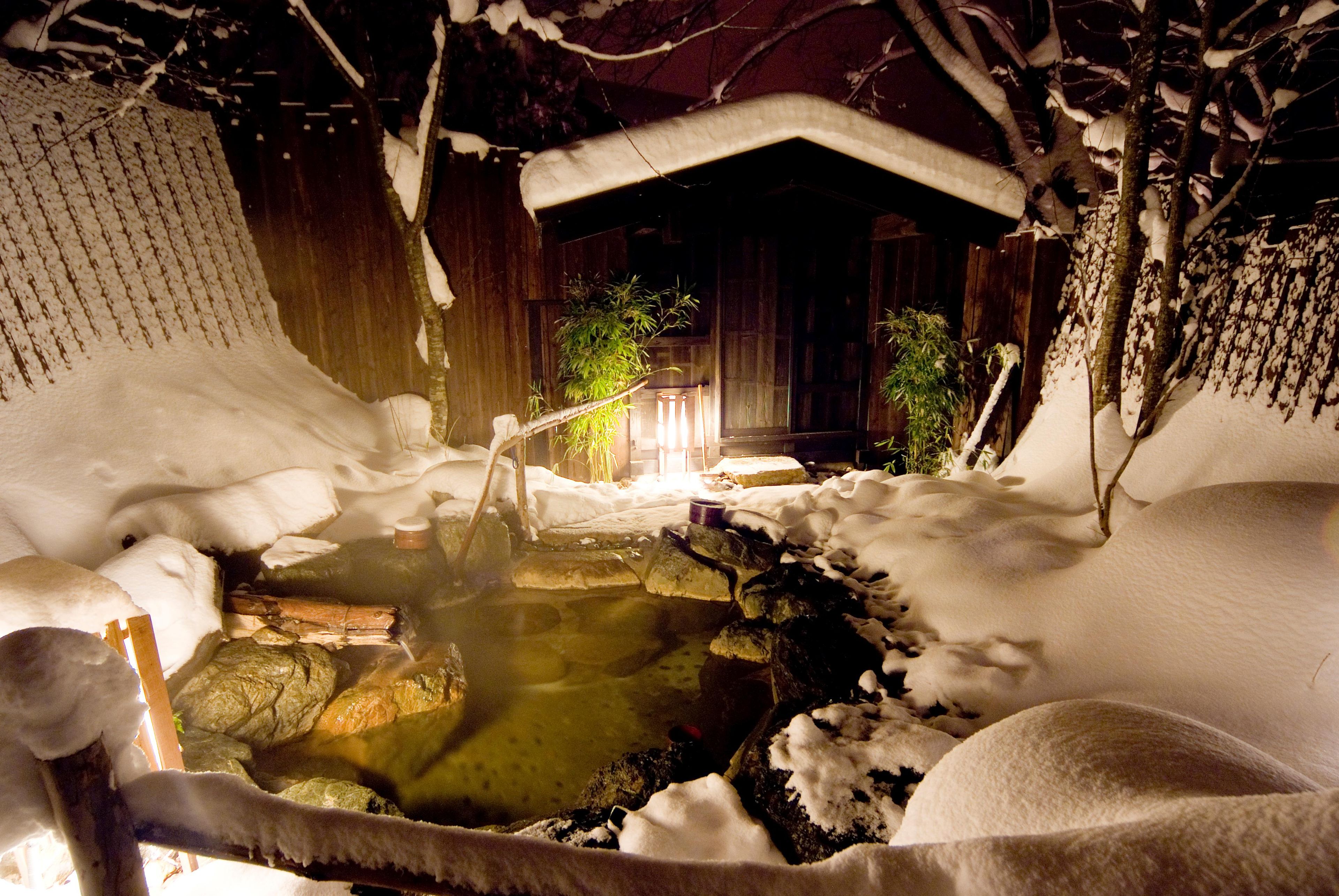 A snow-covered outdoor area with a hot spring, wooden structures, and snow-covered plants.