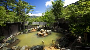 A traditional Japanese hot spring surrounded by rocks and trees.