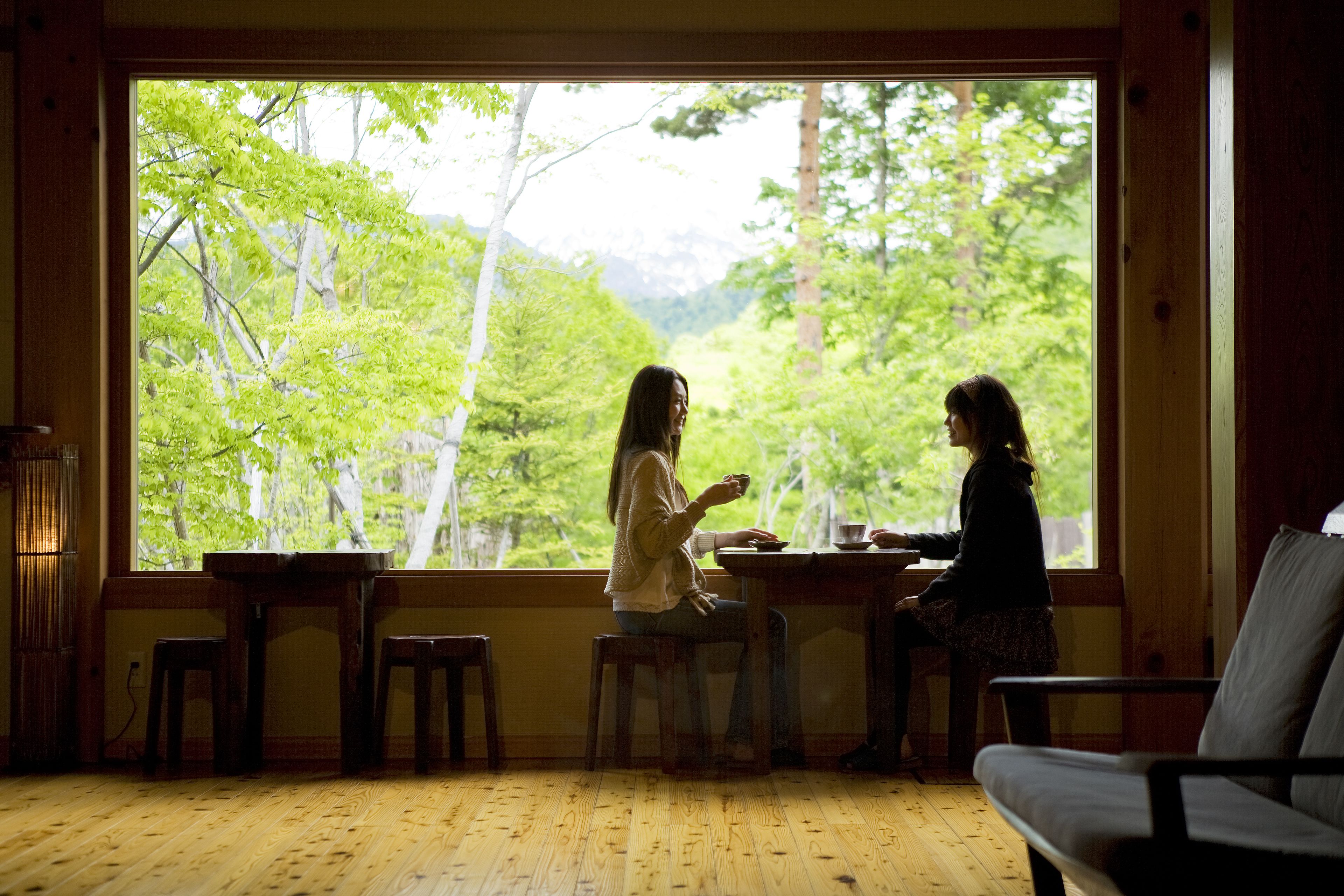 Una habitación con un ventanal grande, muebles de madera y vista a un bosque.
