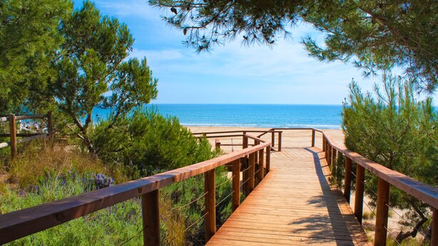 A wooden boardwalk leading to a beach with a clear view of the ocean. - Hotel Servigroup Romana (Alcala de Xivert)