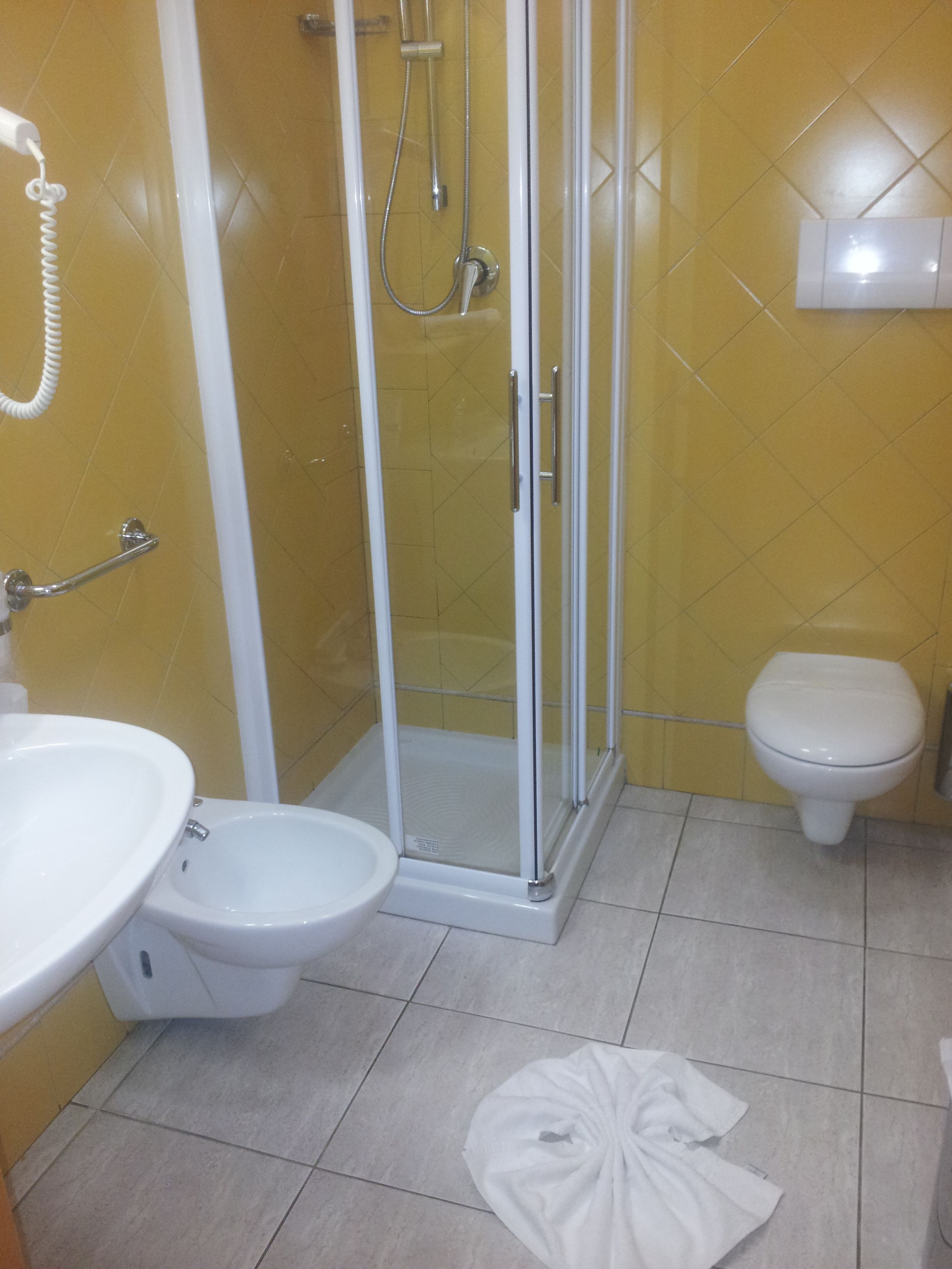 A bathroom with a shower, toilet, and bidet.