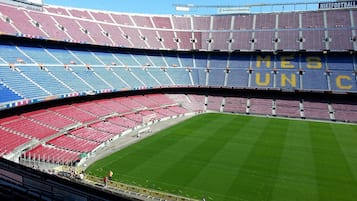 Un estadio con asientos escalonados, un amplio campo verde y una vista parcial del exterior.